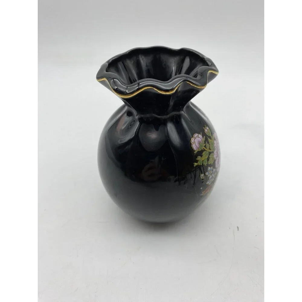 Vintage Japanese Black Floral Ceramic Vase‎ Ruffled Rim Gold Trim Cottagecore